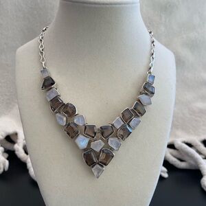 Opalite and Smokey quartz 925 silver adjustable necklace